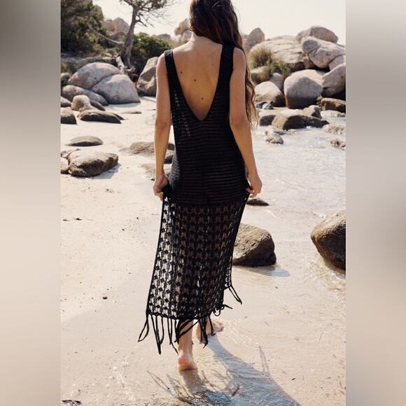 ZARA FRINGED CROCHETED DRESS OPEN BACK NWT M - Picture 8 of 11